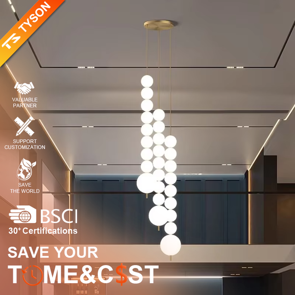 Modern light luxury double-strip spherical cascading chandelier, with a gold metal top plate paired with two strips of milky white luminous bulbs hanging staggered, emitting soft and even light, combining decorativeness and practicality, suitable for core lighting and atmosphere creation in spaces such as dining rooms, high-ceiling living rooms, and duplex stairs.