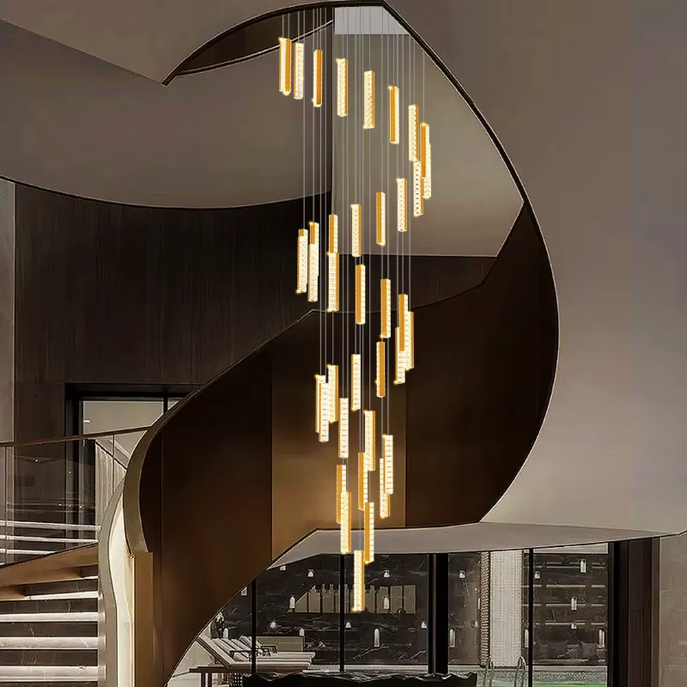 Modern light luxury crystal cylindrical multi-head cascading chandelier, with multiple groups of luminous crystal cylindrical lamp heads hanging staggered, emitting soft and transparent light, combining artistic decorativeness and lighting function, suitable for core lighting and atmosphere creation in high-ceiling spaces such as duplex stairs, villa hollow areas, and high-ceiling living rooms.