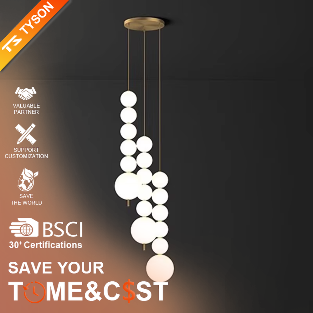 Modern light luxury style staggered spherical chandelier, composed of multiple groups of milky white glass ball lamp heads and gold metal suspension rods, arranged in a streamlined hanging layout. It emits soft and even light, combining artistic decorativeness and lighting function, suitable for core lighting and atmosphere creation in high-ceiling spaces such as duplex stairs, high-ceiling living rooms, and villa hollow areas.