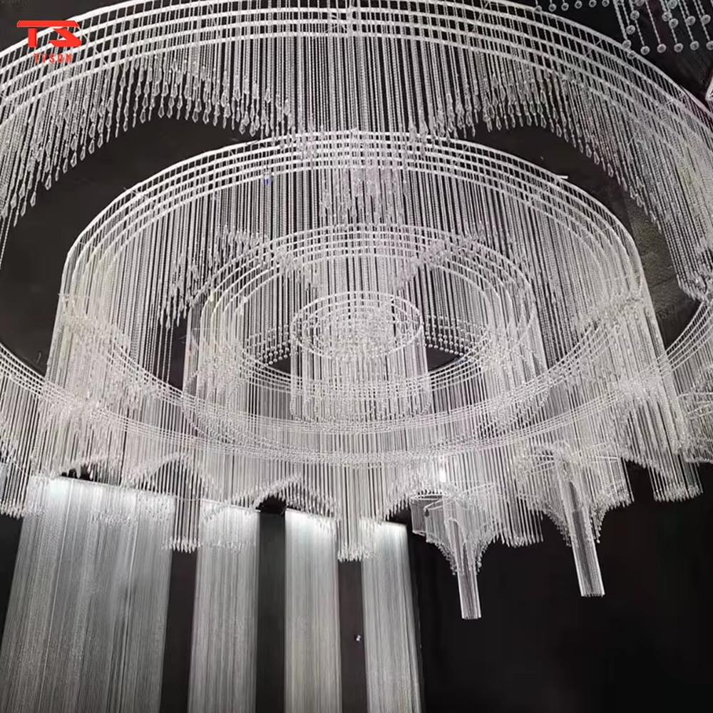 Custom crystal beaded engineering chandelier series, made of transparent crystal beads to create Y-shape, round, cross, square and other multi-shapes, with brilliant and transparent light, designed to create a high-end luxurious space atmosphere, suitable for large engineering scenarios such as hotel lobbies, sales offices, and club high-ceiling spaces