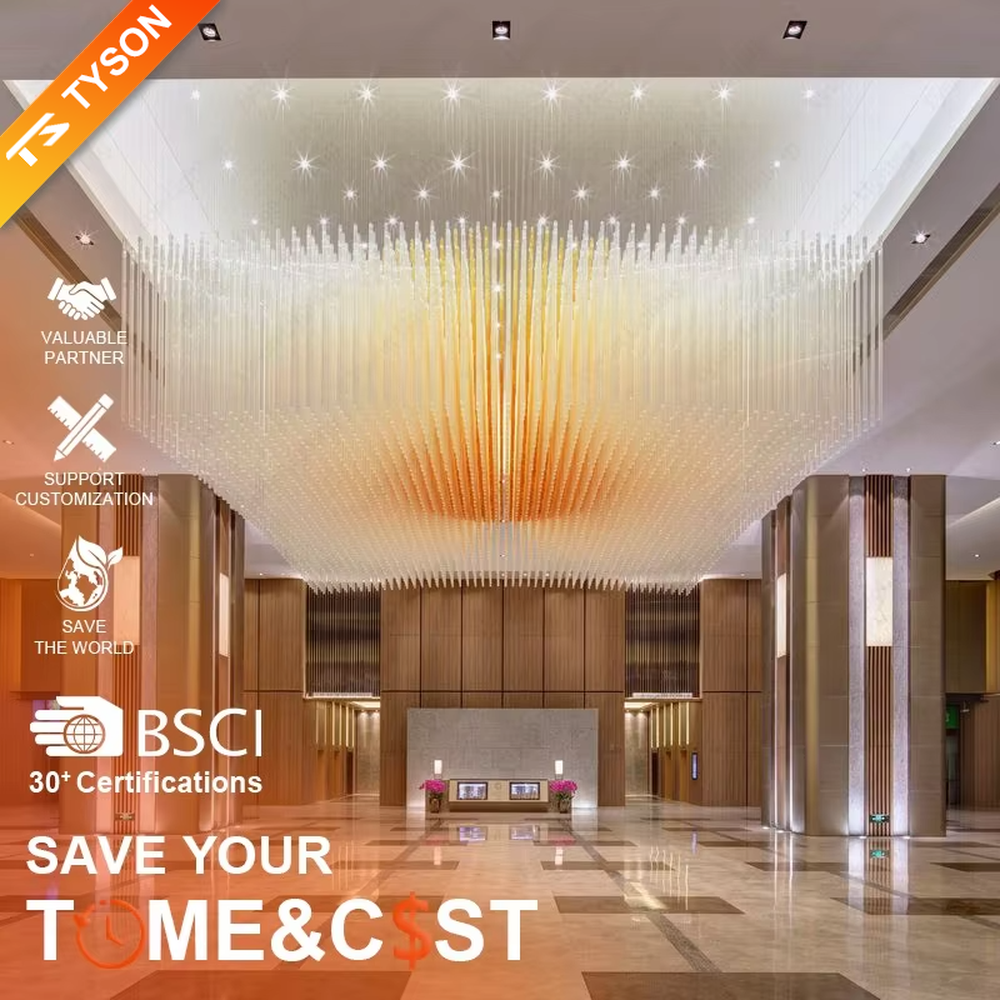 Art gradient striped crystal chandelier (transparent white + warm orange combination), warm light effect, creating a magnificent artistic high-end space atmosphere.