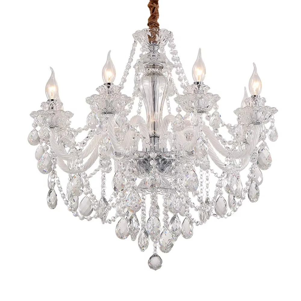 European-style luxury golden crystal chandelier, with amber multi-layer crystal pendants, off-white fabric lampshades and gold carved metal frames, providing warm and brilliant light, designed to enhance the luxurious atmosphere of spaces, suitable for high-end scenarios such as villa living rooms, hotel lobbies, and banquet halls