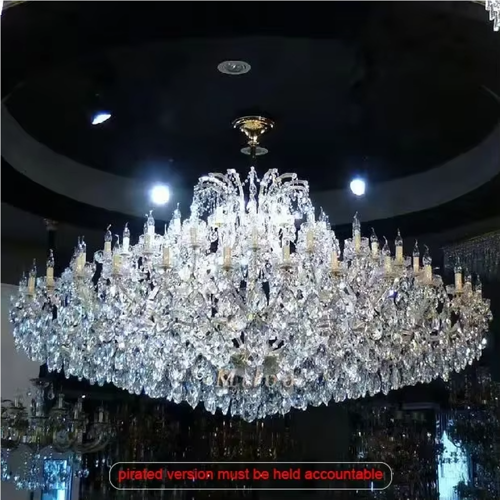 Oversized luxury crystal chandelier, with multi-layer dense transparent crystal pendants and gold metal frames, featuring candle-style lamp heads, brilliant and dazzling light, designed to create an extremely luxurious space atmosphere, suitable for high-end engineering scenarios such as hotel lobbies, large banquet halls, and high-ceiling living rooms of luxury villas