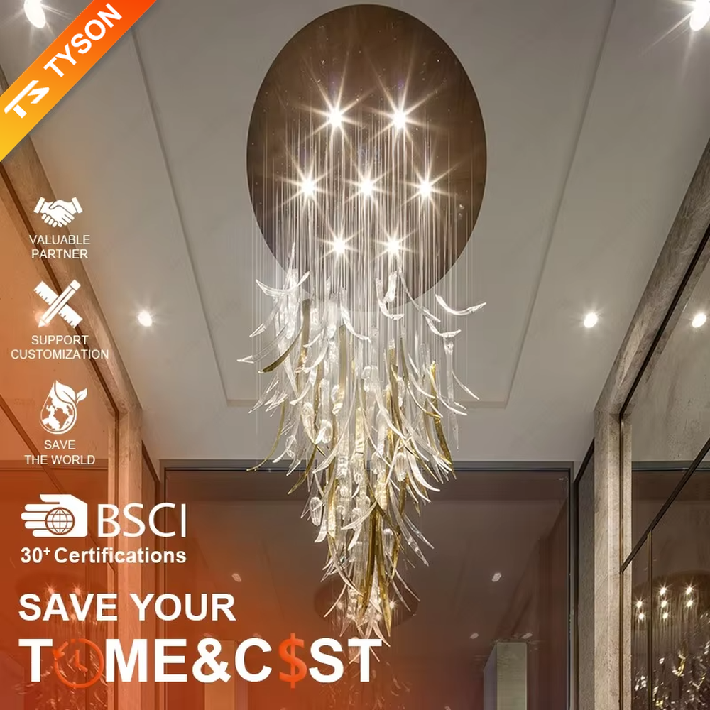 Luxury feather-shaped crystal chandelier (golden + transparent crystal combination), warm light effect, creating a magnificent high-end light luxury space atmosphere.