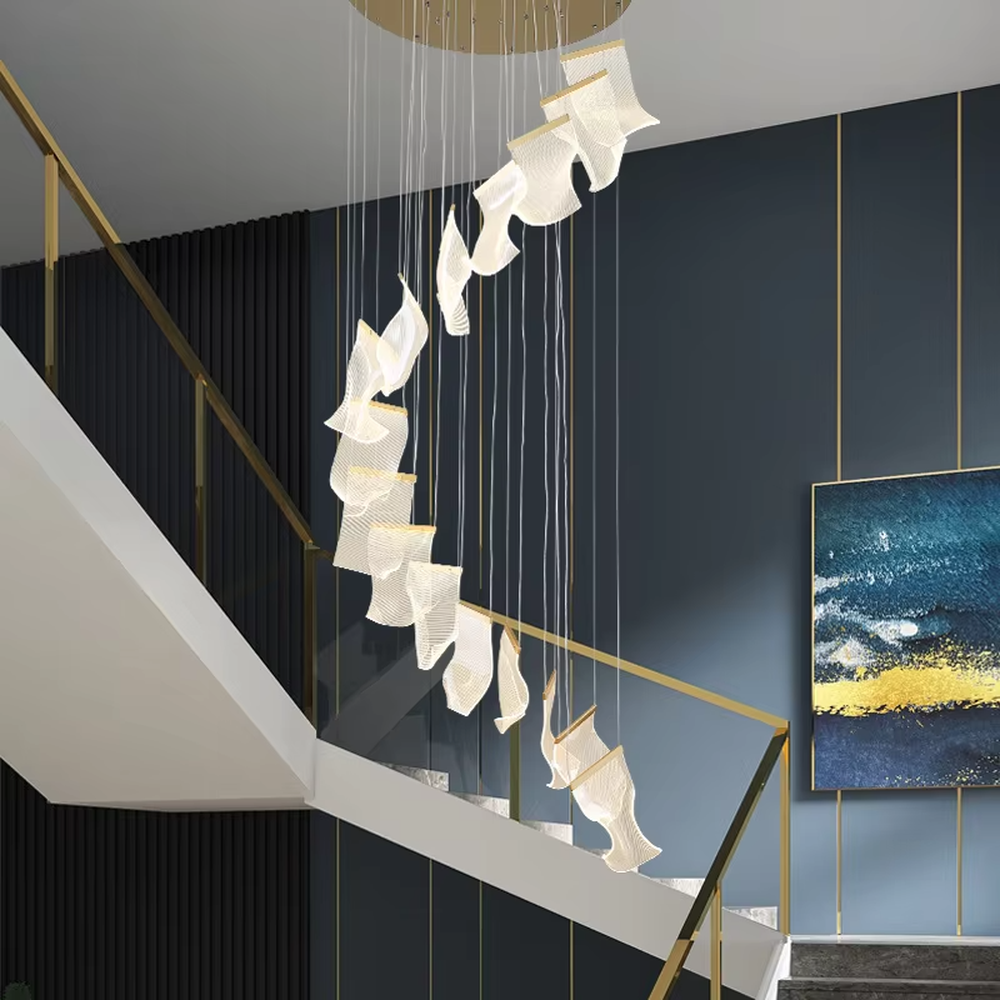 This is a modern artistic suspended chandelier, featuring an irregular clustered shape crafted from translucent pleated material, as light and dreamy as a cloud. It emits soft and gentle light, serving both lighting and artistic decoration purposes, suitable for villa high-ceiling living rooms, duplex voids, high-end clubs, art exhibition halls and other spaces.
