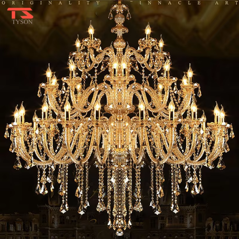 European palace-style luxury multi-layer crystal chandelier, featuring a gold-plated metal frame paired with transparent crystal pendants and candlestick-shaped lamp heads. It emits brilliant and dazzling light, combining artistic decorativeness and lighting function, suitable for core decoration and main lighting in large high-end spaces such as villa living rooms, hotel lobbies, and banquet halls.