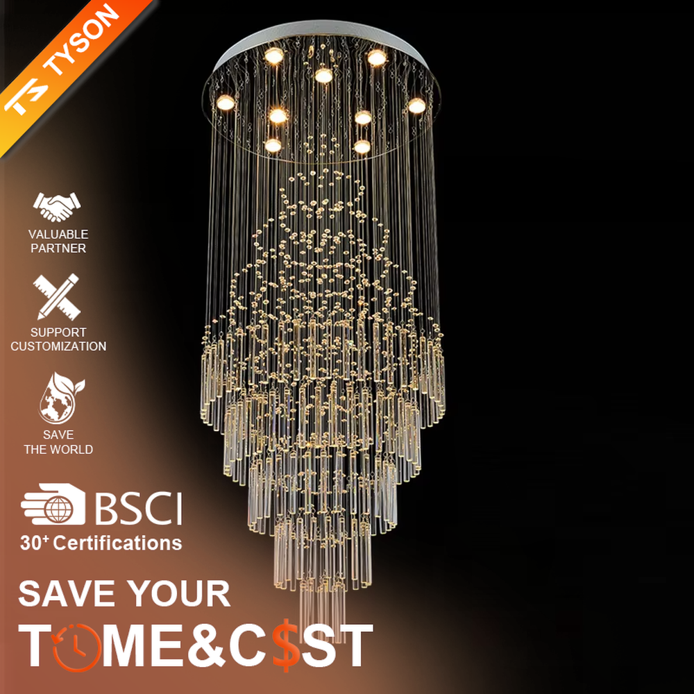 European luxury waterfall-style crystal chandelier, composed of multi-layer crystal columns and particles in a cascading structure, paired with a silver metal frame. It emits brilliant and transparent light, combining artistic decorativeness and lighting function, suitable for core lighting and atmosphere creation in high-ceiling spaces such as villa high-ceiling living rooms, hotel lobbies, and high-end clubs.