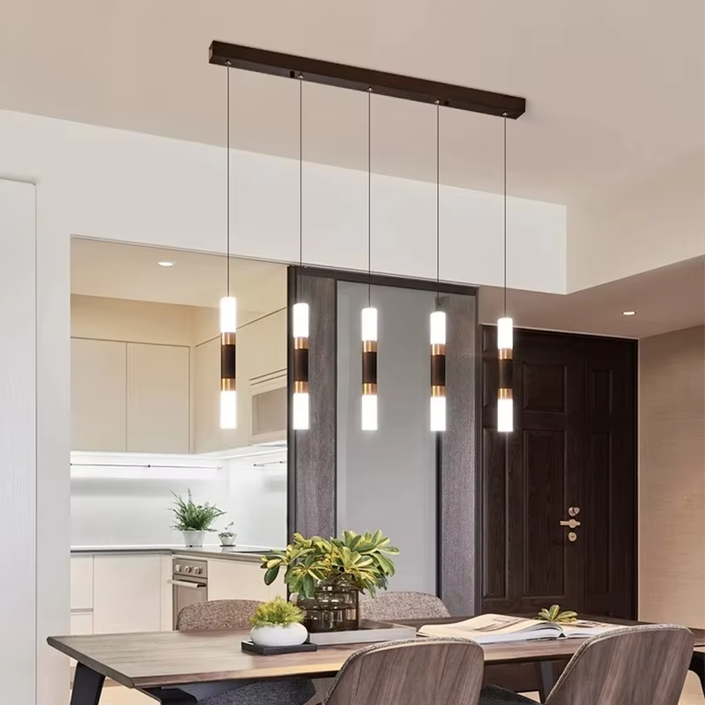 Modern light luxury black-gold multi-head cascading chandelier, with black-gold metal spliced lamp bodies paired with white luminous cylindrical lamp heads, arranged in a staggered hanging layout on a circular black base, emitting soft and even light, combining decorativeness and practicality, suitable for core lighting and atmosphere creation in high-ceiling spaces such as duplex stairs, high-ceiling living rooms, and villa hollow areas.