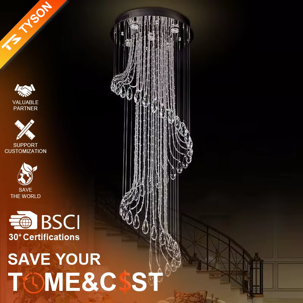 This is a modern light luxury style artistic crystal chandelier, composed of multiple layers of transparent crystal strings and teardrop-shaped crystal pendants. Its streamlined shape resembles a flowing waterfall of light, serving both lighting and artistic decoration purposes, suitable for high-ceiling spaces such as villa high-ceiling living rooms, duplex voids, hotel lobbies, and high-end clubs.