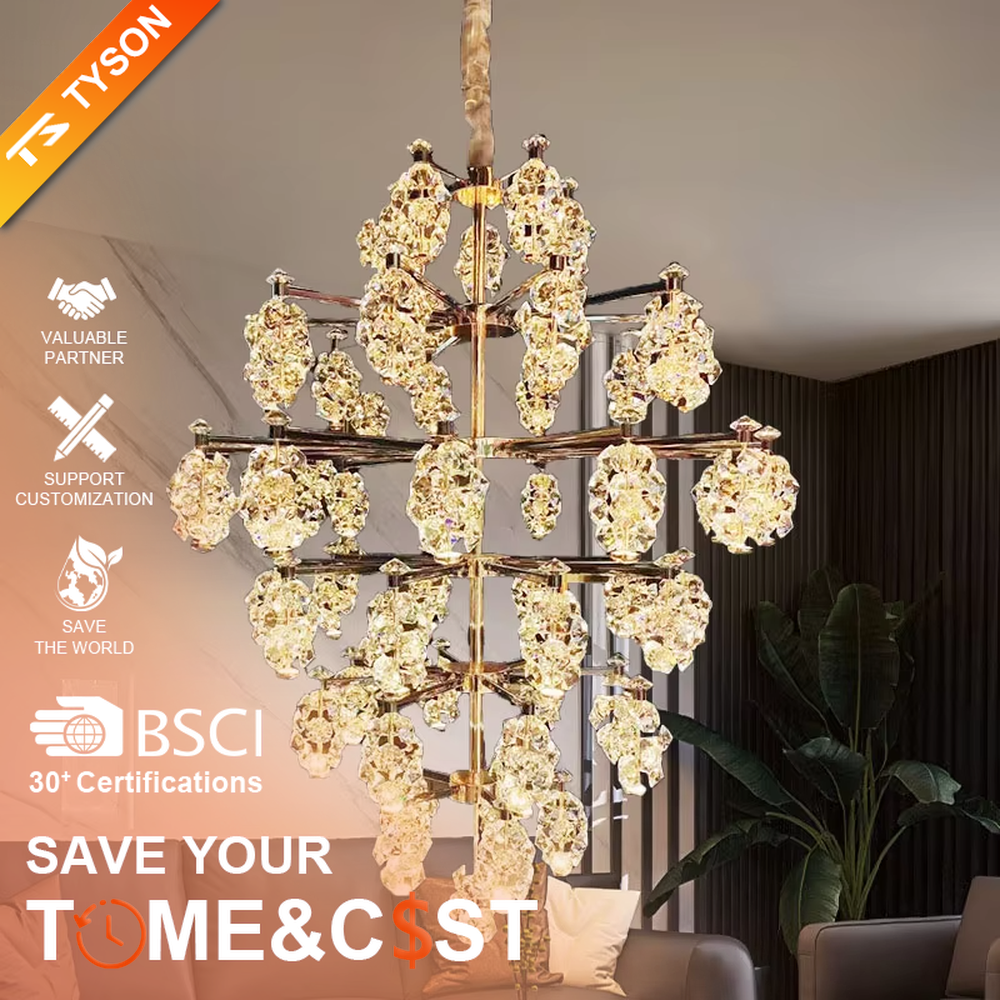 Modern light luxury rhombus crystal cluster chandelier, with a gold metal frame supporting multi-layer crystal clusters in a symmetrical rhombus structure, emitting brilliant and dazzling light, combining artistic decorativeness and lighting function, suitable for core lighting and atmosphere creation in spaces such as villa living rooms, high-end clubs, and hotel lobbies.