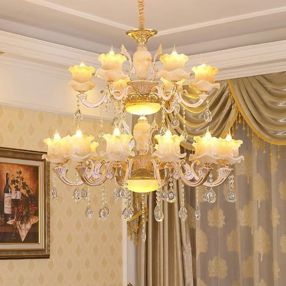 European court-style multi-tiered golden crystal chandelier, gold iron frame paired with high-transparency crystal pendants and milk-white glass lampshades, stacked tower shape, brilliant and luxurious light, designed to create a high-end and grand space atmosphere, suitable for large spaces such as villa high-ceiling living rooms, duplex buildings, European hotel lobbies, and clubs