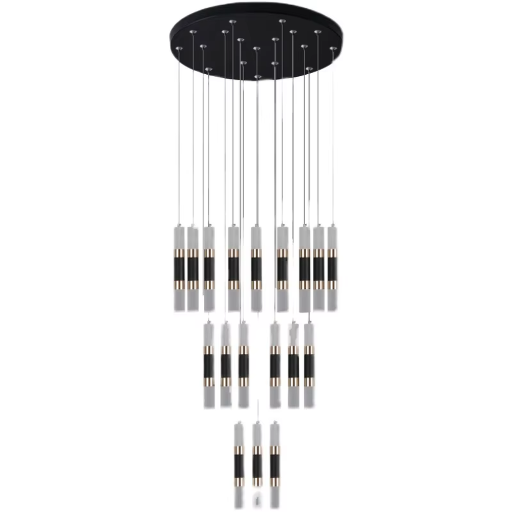 Modern light luxury black-gold multi-head cascading chandelier, with black-gold metal spliced lamp bodies paired with white luminous cylindrical lamp heads, arranged in a staggered hanging layout on a circular black base, emitting soft and even light, combining decorativeness and practicality, suitable for core lighting and atmosphere creation in high-ceiling spaces such as duplex stairs, high-ceiling living rooms, and villa hollow areas.