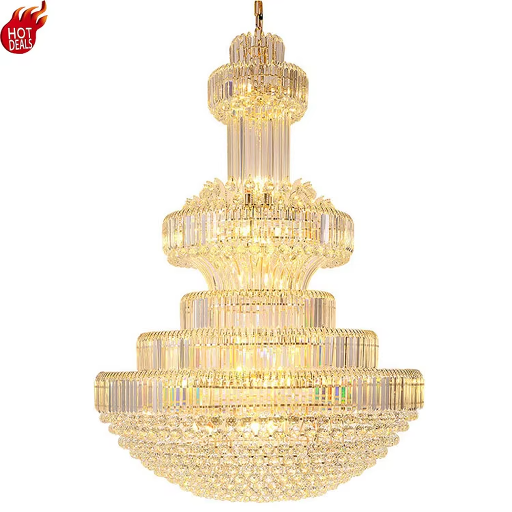 Multi-tiered golden crystal chandelier, with cascading crystal pendants and a gold metal frame, providing brilliant and luxurious light, designed to create a high-end and grand space atmosphere, suitable for engineering scenarios such as hotel lobbies, high-ceiling villa living rooms, and large banquet halls