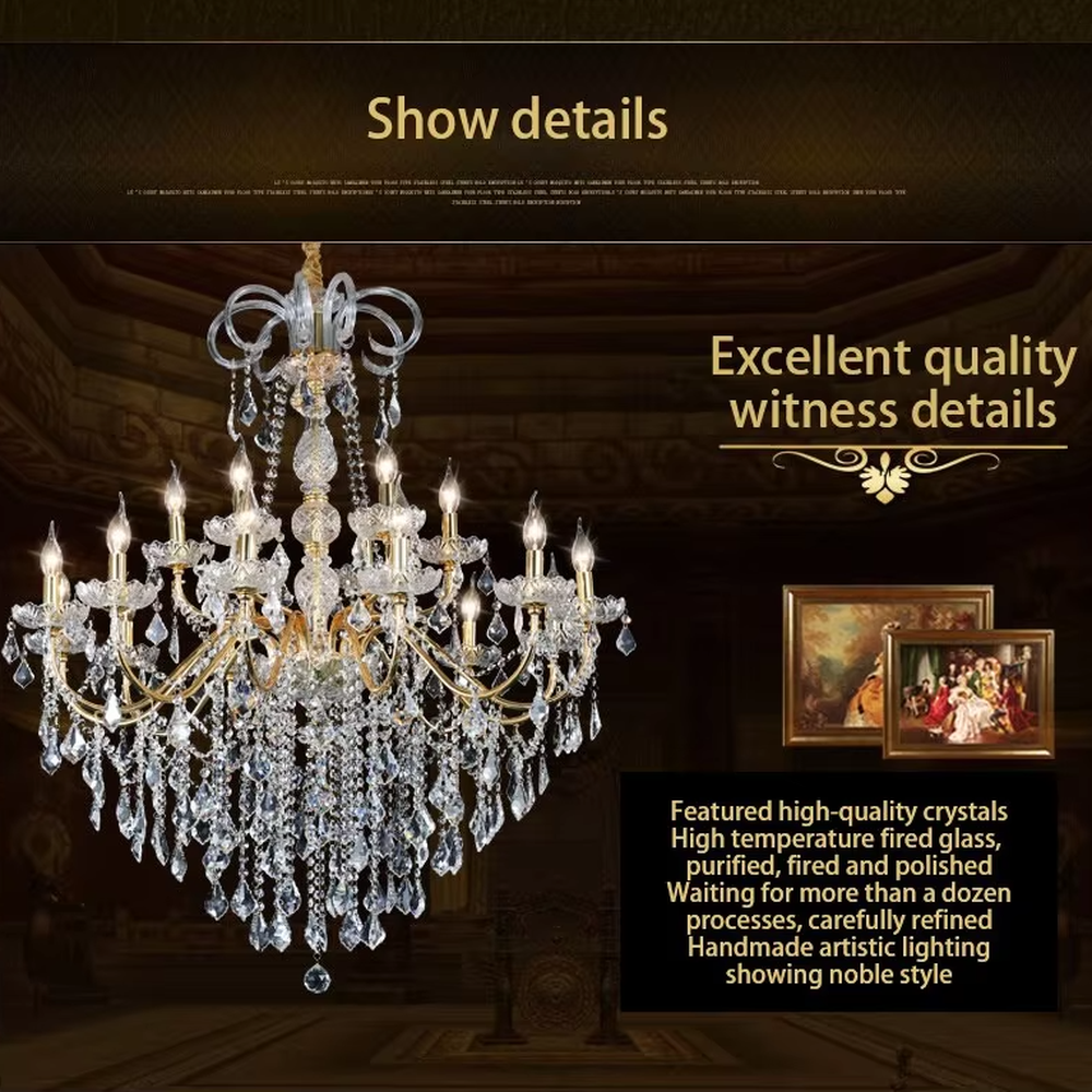 European-style luxury crystal chandelier, with a silver chrome-plated metal frame and multi-layer crystal pendants, featuring a candle-style lamp head design, brilliant and gorgeous light, designed to enhance the luxurious atmosphere of spaces, suitable for high-end scenarios such as villa living rooms, hotel lobbies, and banquet halls