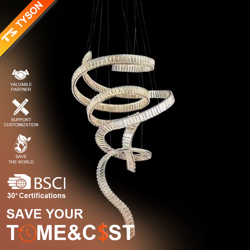 Modern art streamlined crystal chandelier, composed of multiple groups of spirally wrapped crystal strips forming a vivid ribbon shape, emitting brilliant and transparent light, combining artistic decorativeness and lighting function, suitable for core decoration and main lighting in high-ceiling spaces such as duplex stairs, villa hollow areas, and high-end clubs.