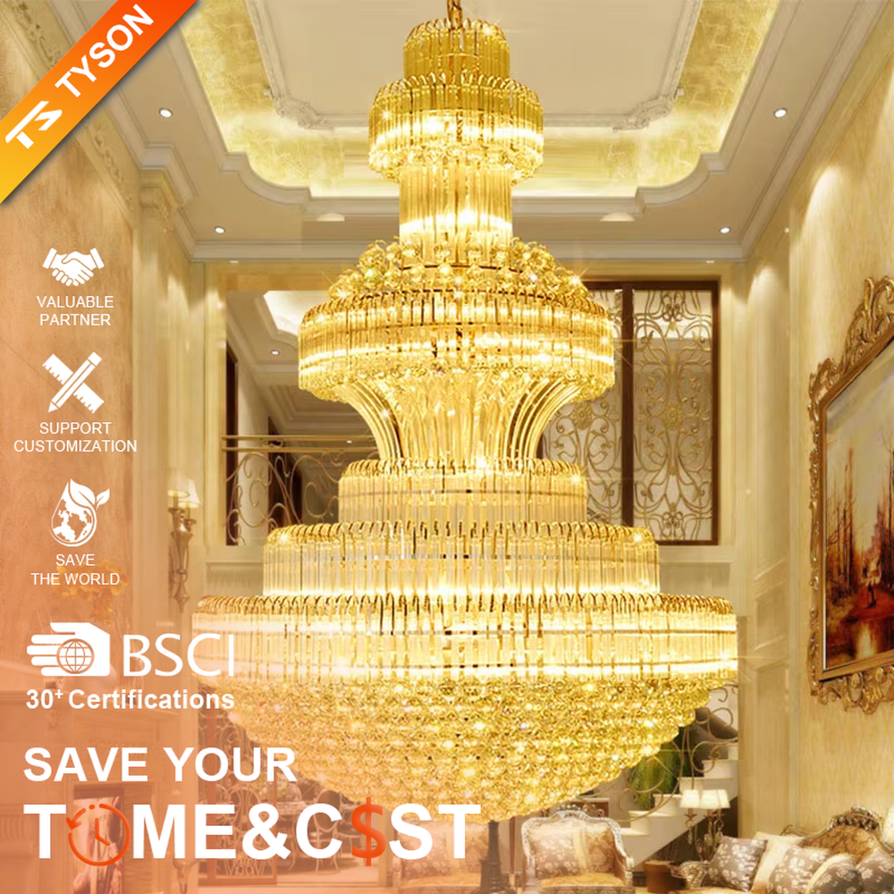 This is a luxurious pagoda-style multi-layered round crystal chandelier, featuring a gold metal frame paired with dense crystal strips in a tiered circular structure. It emits brilliant and gorgeous light, serving both lighting and decorative purposes, suitable for large luxurious spaces such as hotel lobbies, villa high-ceiling living rooms, banquet halls, and high-end clubs.