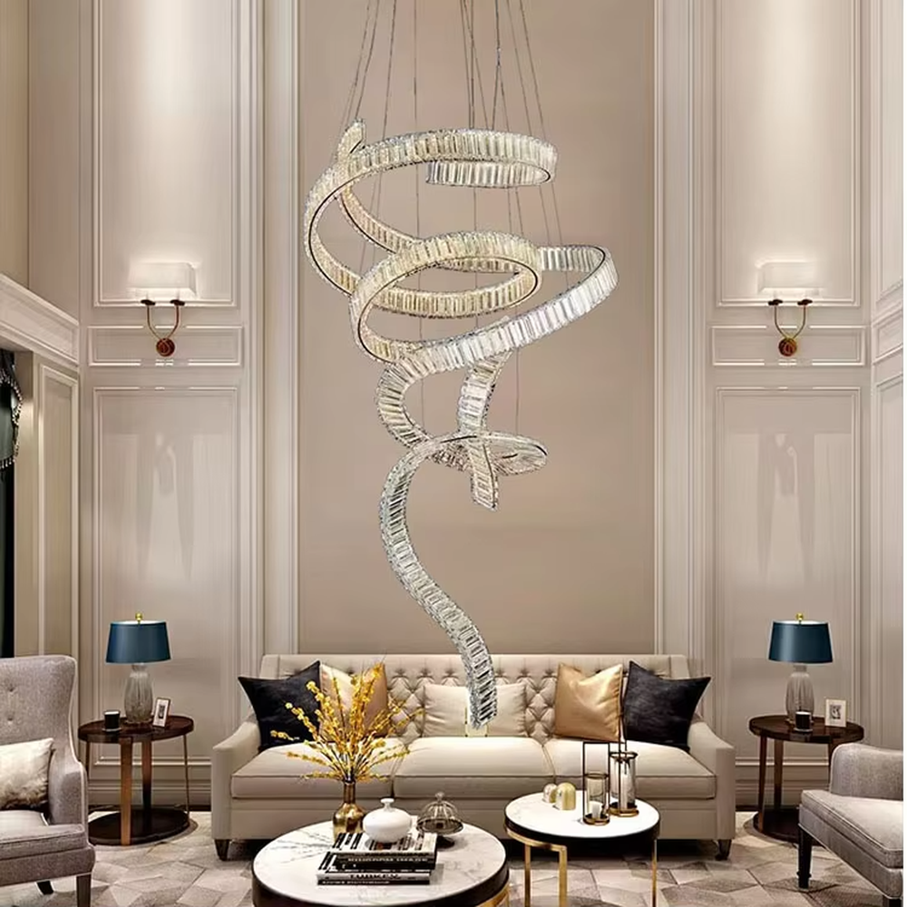 This is a light luxury artistic streamlined chandelier, featuring a dynamic spiral twisted shape crafted from gold light-emitting strips, as rhythmic as flowing ribbons, serving both lighting and artistic decoration purposes, suitable for high-ceiling spaces such as villa high-ceiling living rooms, duplex voids, hotel lobbies, and spiral staircases.