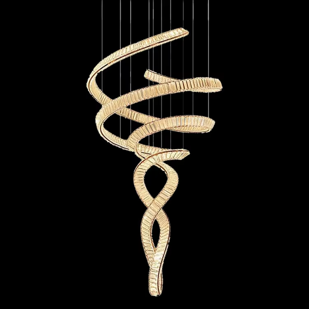 This is a light luxury artistic streamlined chandelier, featuring a dynamic spiral twisted shape crafted from gold light-emitting strips, as rhythmic as flowing ribbons, serving both lighting and artistic decoration purposes, suitable for high-ceiling spaces such as villa high-ceiling living rooms, duplex voids, hotel lobbies, and spiral staircases.