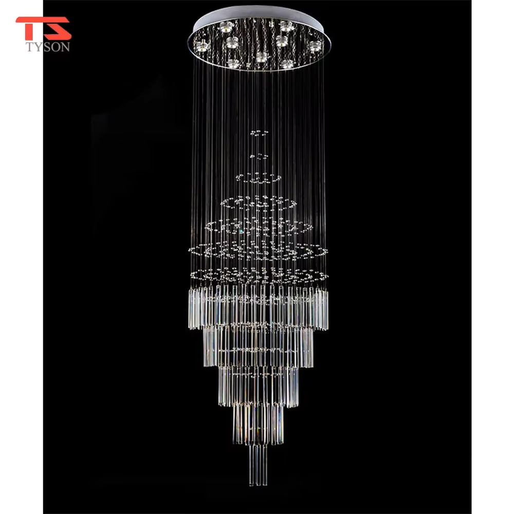 European luxury waterfall-style crystal chandelier, composed of multi-layer crystal columns and particles in a cascading structure, paired with a silver metal frame. It emits brilliant and transparent light, combining artistic decorativeness and lighting function, suitable for core lighting and atmosphere creation in high-ceiling spaces such as villa high-ceiling living rooms, hotel lobbies, and high-end clubs.