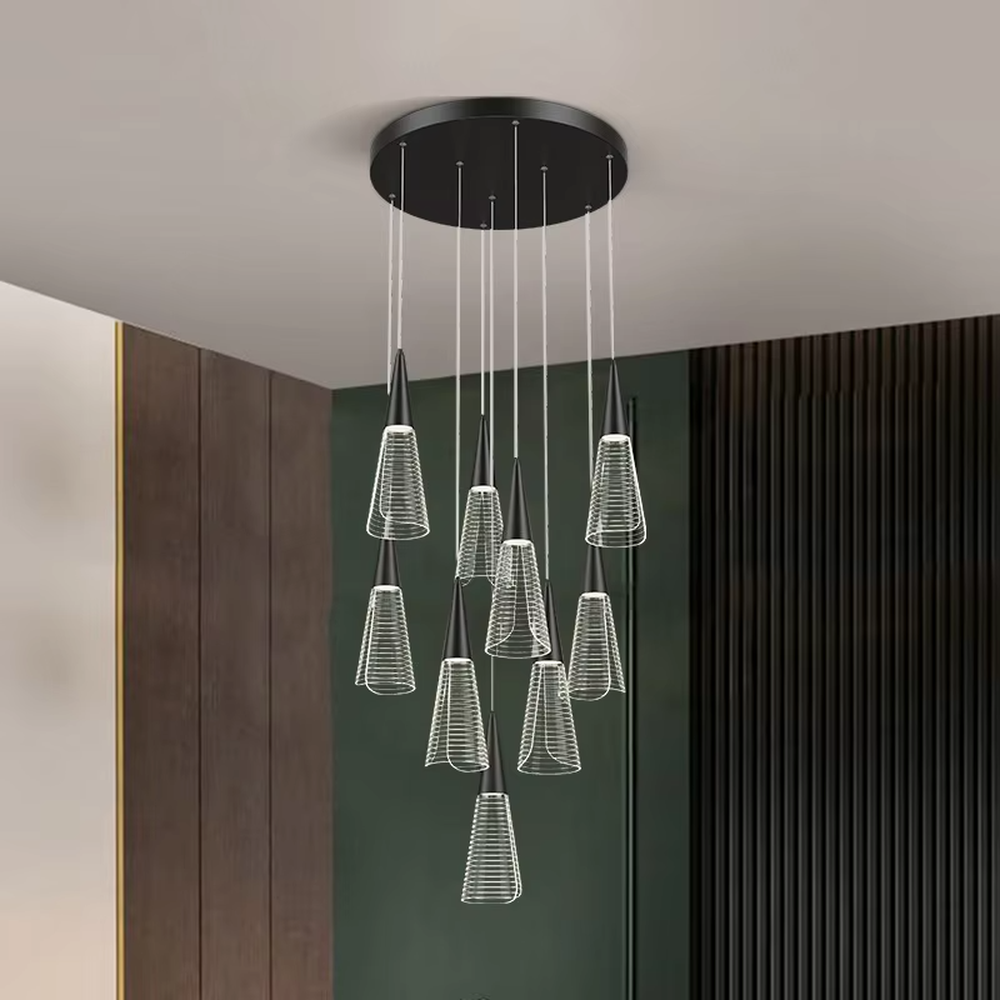 This is a modern minimalist staggered cone mesh chandelier, featuring a black metal base paired with multiple hollow mesh cone lampshades. It emits soft and transparent light, serving both lighting and decorative purposes, suitable for duplex staircases, light luxury living rooms, dining rooms, bars and other scenarios.