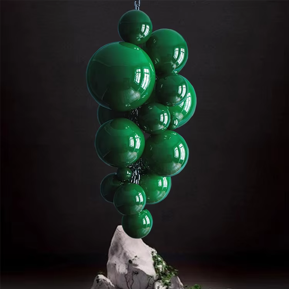 Artistic grape-cluster shaped chandelier, composed of hand-blown glass balls in a deep purple to black gradient, arranged in a cascading stacked structure. Light passes through the glass balls to create a transparent and brilliant effect, combining artistic decorativeness and lighting function, suitable for core decoration and ambient lighting in high-ceiling spaces such as duplex stairs, high-end clubs, and villa living rooms.
