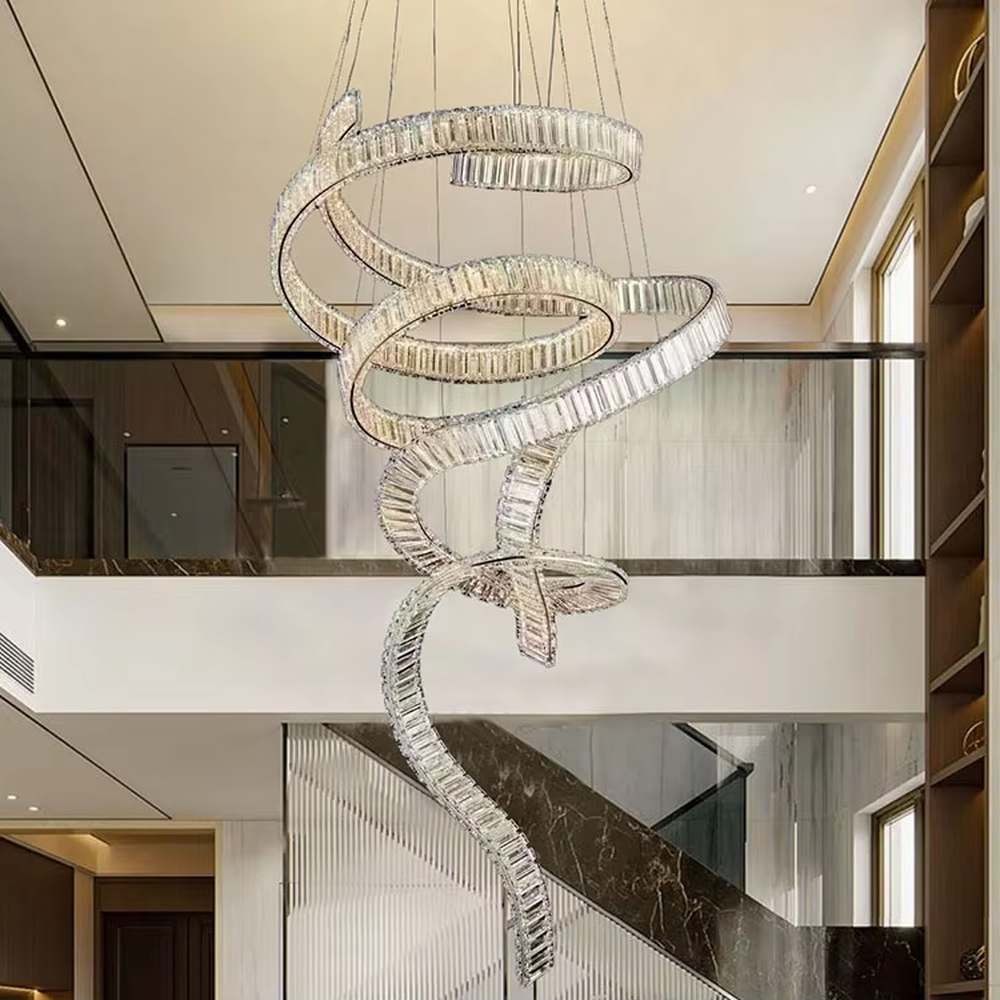 Modern art streamlined crystal chandelier, composed of multiple groups of spirally wrapped crystal strips forming a vivid ribbon shape, emitting brilliant and transparent light, combining artistic decorativeness and lighting function, suitable for core decoration and main lighting in high-ceiling spaces such as duplex stairs, villa hollow areas, and high-end clubs.