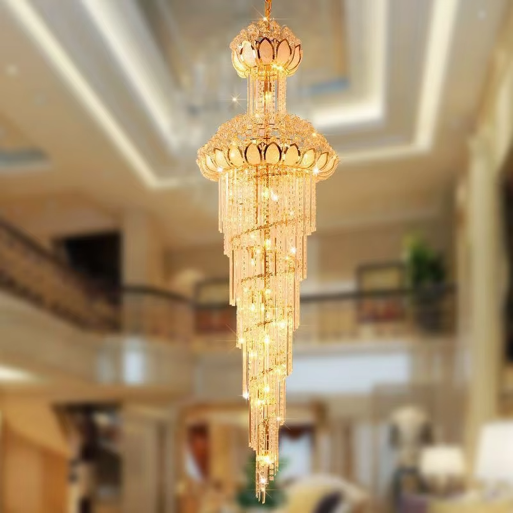 Multi-tiered lotus-top golden crystal chandelier, gold metal frame with dense crystal strips hanging to create a tower structure, lotus-shaped top, brilliant and luxurious light, designed to create a high-end atmosphere in high-ceiling spaces, suitable for engineering scenarios such as villa duplexes, hotel lobbies, and club atriums