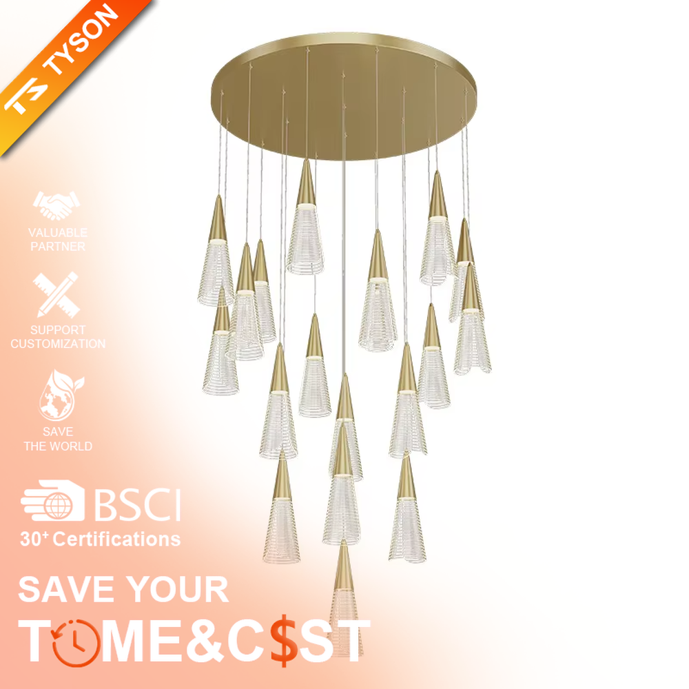 This is a modern minimalist staggered cone mesh chandelier, featuring a black metal base paired with multiple hollow mesh cone lampshades. It emits soft and transparent light, serving both lighting and decorative purposes, suitable for duplex staircases, light luxury living rooms, dining rooms, bars and other scenarios.