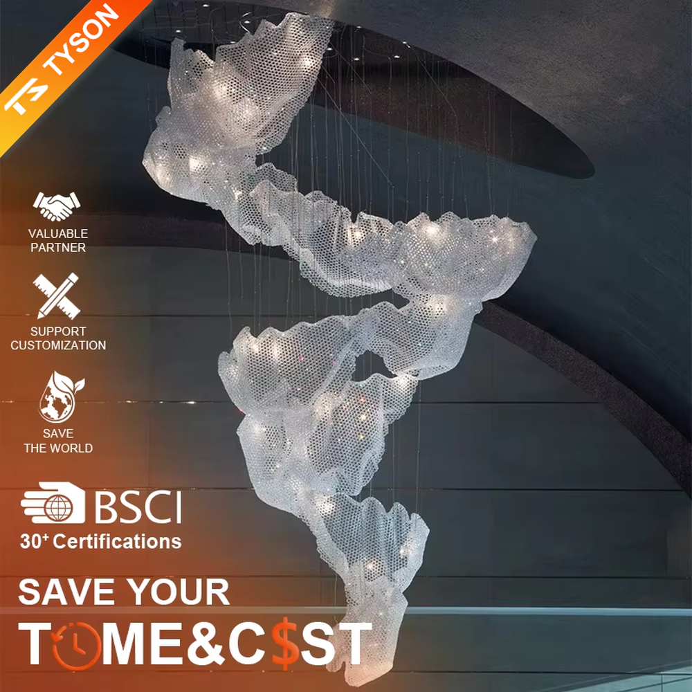 Cloud-like art engineering chandelier, made of transparent mesh crystal to create a streamlined suspended shape, with transparent and brilliant light, designed to create a high-end artistic atmosphere, suitable for large engineering scenarios such as hotel lobbies, high-ceiling sales office spaces, and club atriums