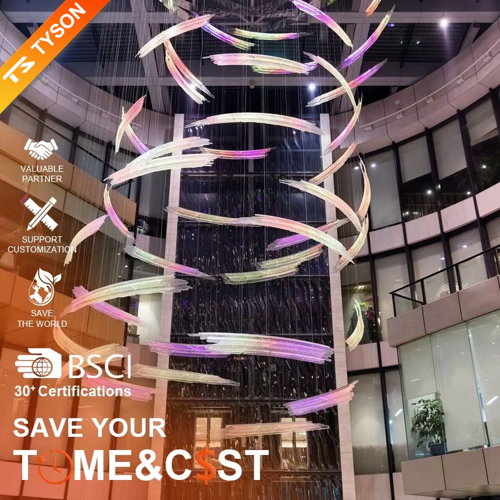 Art gradient spiral LED chandelier (color light stripes + ring structure), colorful warm light effect, creating a futuristic artistic atmosphere for high-end space decoration.