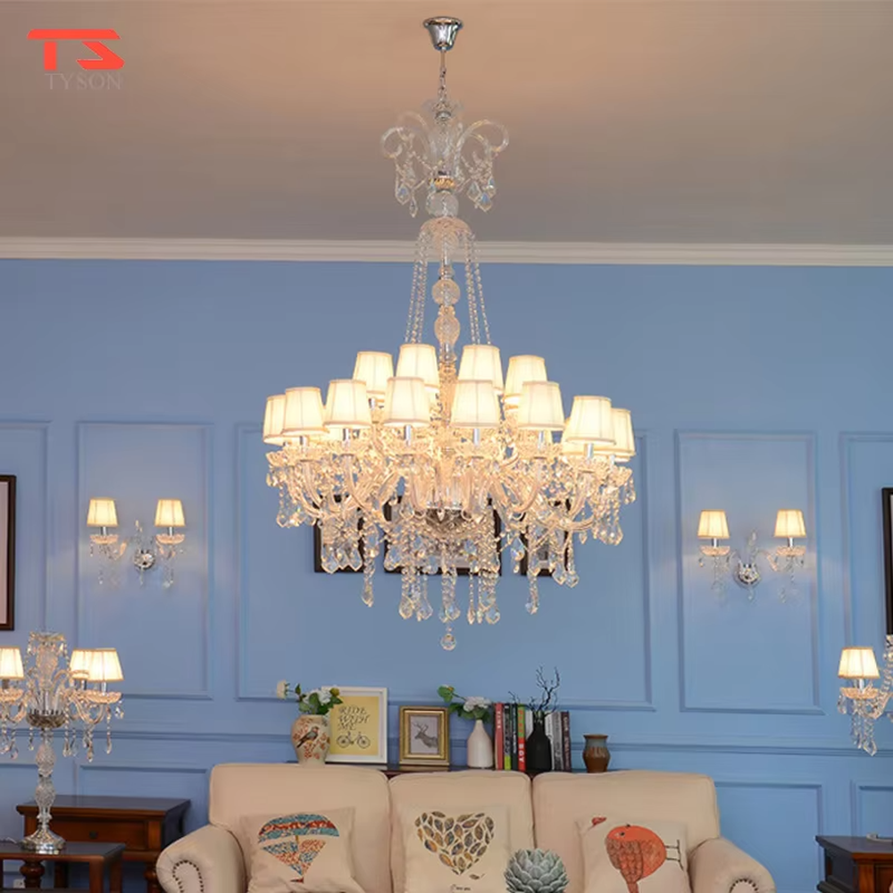 This is an European-style luxurious crystal chandelier, featuring a candle-shaped frame crafted entirely from crystal, paired with hanging crystal pendants. It emits brilliant and gorgeous light, serving both lighting and decorative purposes, suitable for villa living rooms, European-style dining rooms, hotel suites, banquet halls and other scenarios.