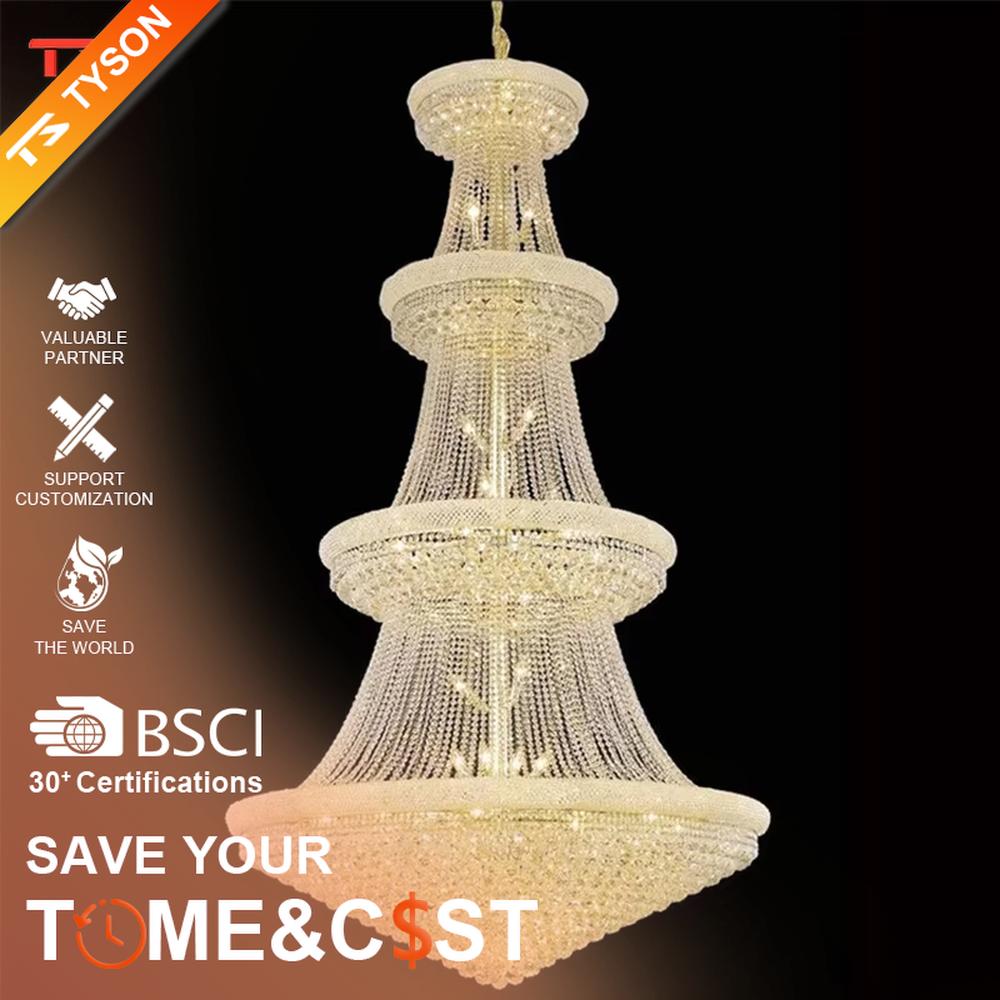 Multi-tiered tower-shaped golden crystal chandelier, with multi-layer dense crystal pendants and gold metal frames, providing brilliant and luxurious light, designed to create a high-end and grand space atmosphere, suitable for high-ceiling engineering scenarios such as villa high-ceiling living rooms, duplex buildings, hotel lobbies, and clubs