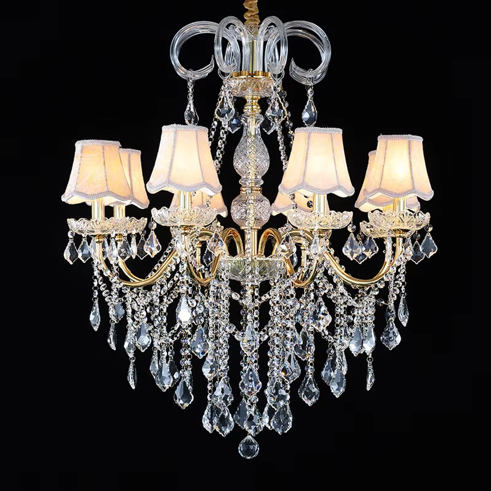 European-style luxury crystal chandelier, with a gold metal frame and multi-layer crystal pendants, featuring a candle-style lamp head design, brilliant and gorgeous light, designed to enhance the luxurious atmosphere of spaces, suitable for high-end scenarios such as villa living rooms, hotel lobbies, and banquet halls