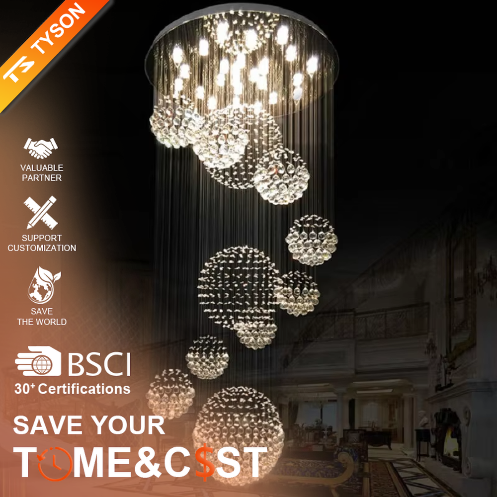 Modern luxury crystal ball cluster cascading chandelier, with a circular metal top plate paired with multiple groups of crystal-strung ball clusters hanging staggered, emitting brilliant and dreamy light, combining artistic decorativeness and lighting function, suitable for core decoration and main lighting in high-ceiling spaces such as duplex stairs, villa hollow areas, and high-end clubs.