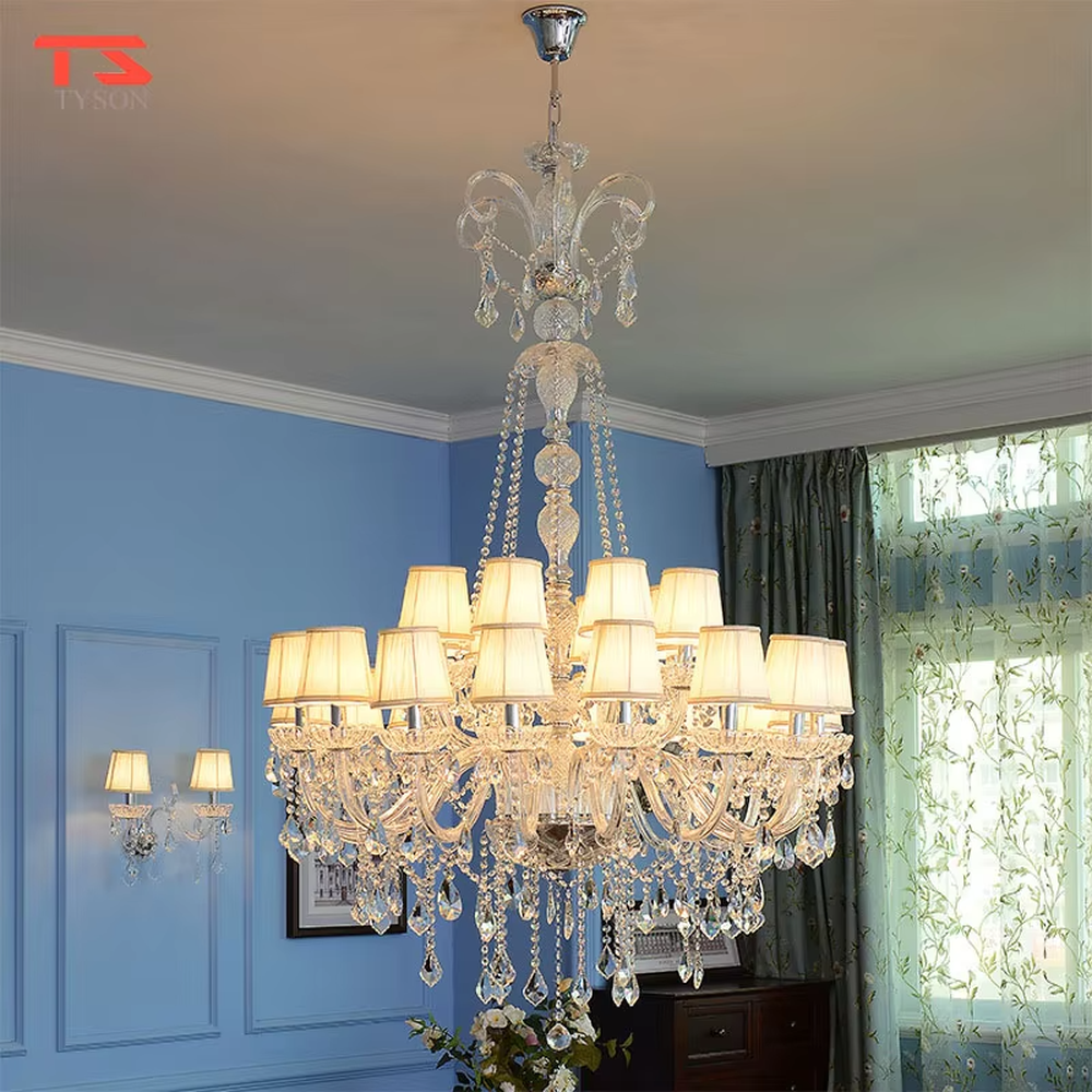 This is an European-style luxurious crystal chandelier, featuring a candle-shaped frame crafted entirely from crystal, paired with hanging crystal pendants. It emits brilliant and gorgeous light, serving both lighting and decorative purposes, suitable for villa living rooms, European-style dining rooms, hotel suites, banquet halls and other scenarios.