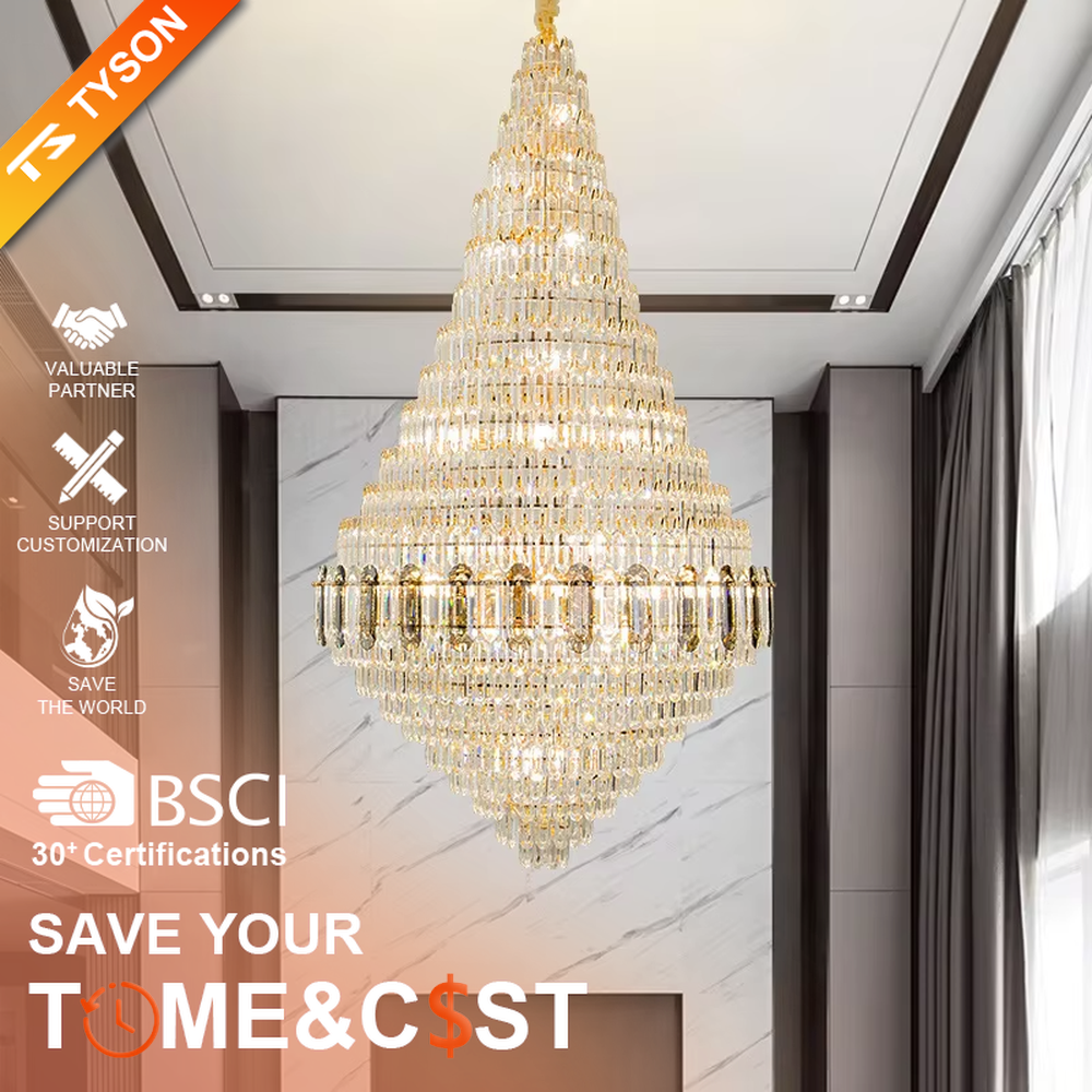 This is an European-style luxurious teardrop-shaped crystal chandelier, featuring a pyramid shape crafted from multi-layer dense crystal strips, emitting brilliant and gorgeous light, serving both lighting and decorative purposes, suitable for villa high-ceiling living rooms, hotel lobbies, banquet halls, high-end clubs and other scenarios.
