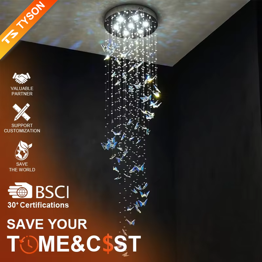 Modern light luxury style multi-group staggered spherical chandelier, with gold metal suspension rods paired with milky white luminous bulbs, arranged in a cascading streamlined layout, emitting soft and even light, combining decorativeness and practicality, suitable for core lighting and atmosphere creation in high-ceiling spaces such as duplex stairs, high-ceiling living rooms, and villa hollow areas.