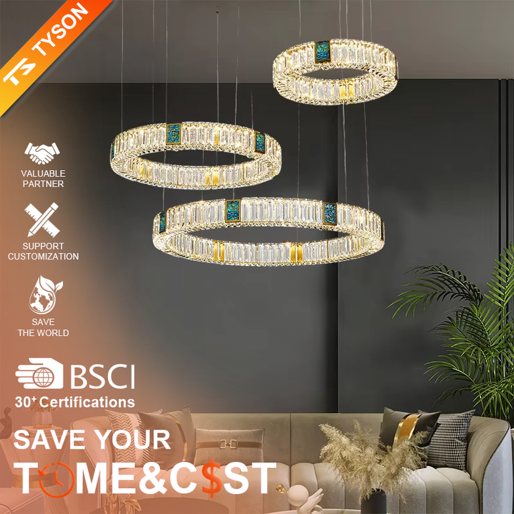This is a light luxury artistic spiral crystal chandelier, featuring multi-layered circular crystal strips paired with a gold metal frame and emerald accents, shaped like a flowing tornado. Light refracts through the crystals to create brilliant and luxurious lighting effects, serving both lighting and artistic decoration purposes, suitable for high-ceiling spaces such as villa high-ceiling living rooms, duplex voids, hotel lobbies, and high-end clubs.