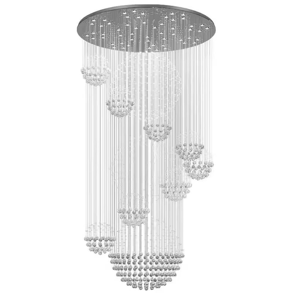 Modern luxury crystal ball cluster cascading chandelier, with a circular metal top plate paired with multiple groups of crystal-strung ball clusters hanging staggered, emitting brilliant and dreamy light, combining artistic decorativeness and lighting function, suitable for core decoration and main lighting in high-ceiling spaces such as duplex stairs, villa hollow areas, and high-end clubs.