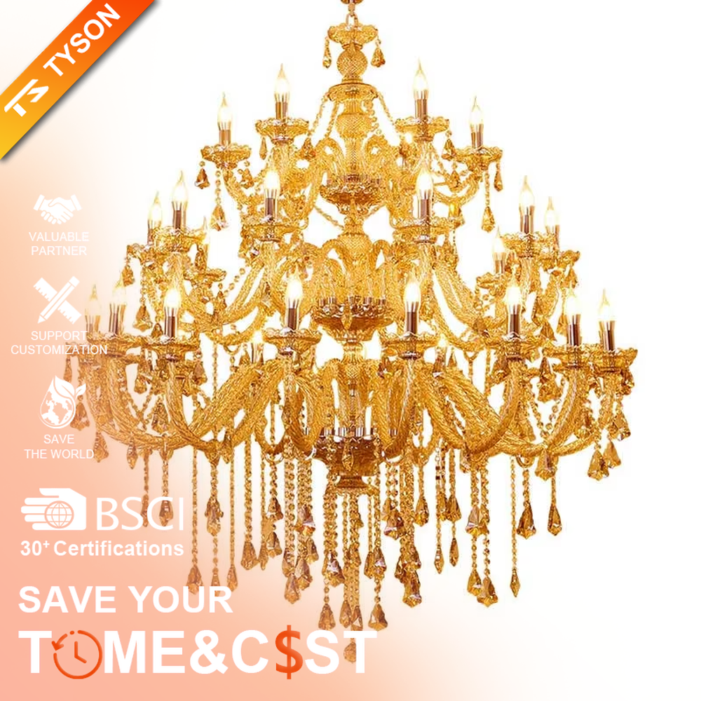 European palace-style luxury multi-layer crystal chandelier, featuring a gold-plated metal frame paired with transparent crystal pendants and candlestick-shaped lamp heads. It emits brilliant and dazzling light, combining artistic decorativeness and lighting function, suitable for core decoration and main lighting in large high-end spaces such as villa living rooms, hotel lobbies, and banquet halls.