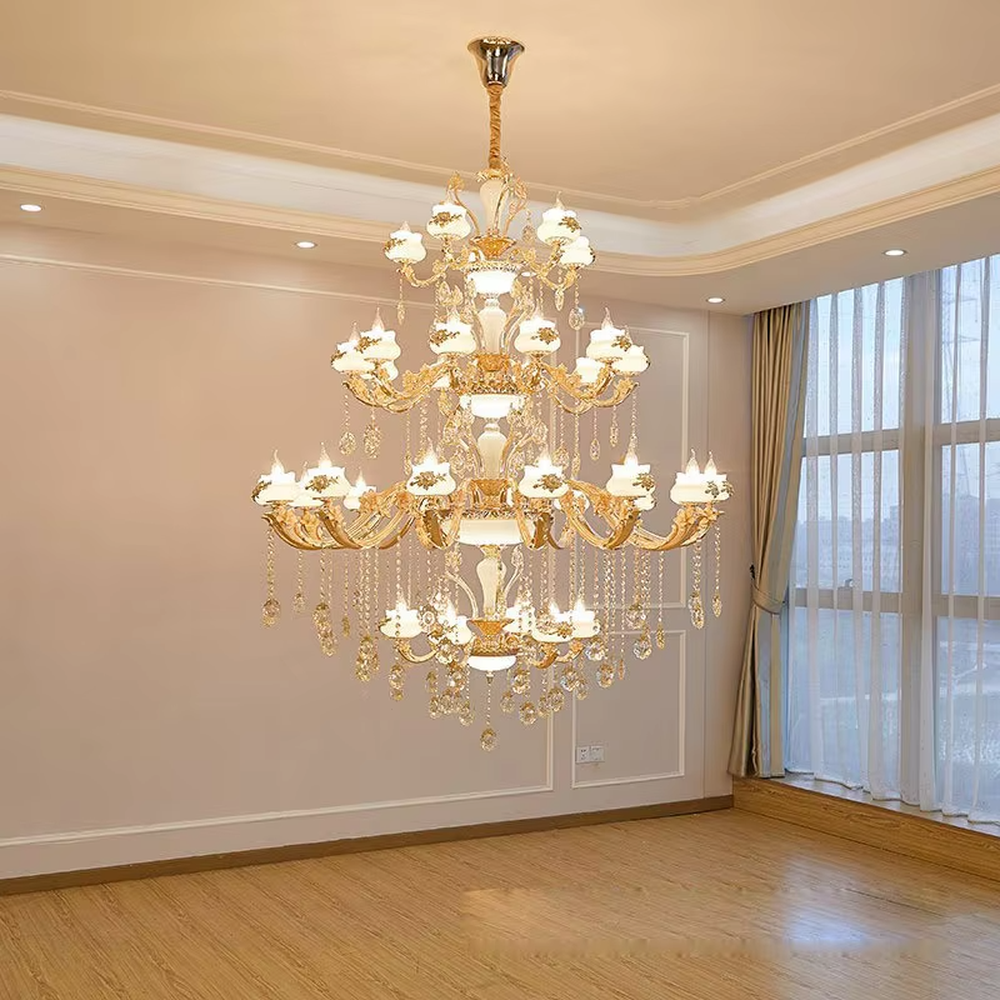 European court-style multi-tiered golden crystal chandelier, gold iron frame paired with high-transparency crystal pendants and milk-white glass lampshades, stacked tower shape, brilliant and luxurious light, designed to create a high-end and grand space atmosphere, suitable for large spaces such as villa high-ceiling living rooms, duplex buildings, European hotel lobbies, and clubs