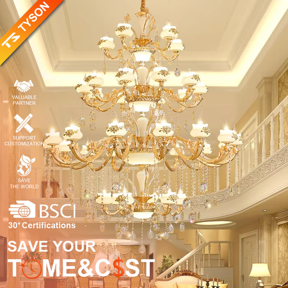 European court-style multi-tiered golden crystal chandelier, gold iron frame paired with high-transparency crystal pendants and milk-white glass lampshades, stacked tower shape, brilliant and luxurious light, designed to create a high-end and grand space atmosphere, suitable for large spaces such as villa high-ceiling living rooms, duplex buildings, European hotel lobbies, and clubs