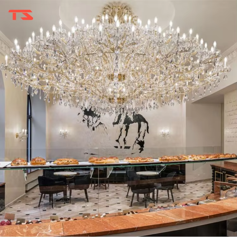 Oversized luxury crystal chandelier, with multi-layer dense transparent crystal pendants and gold metal frames, featuring candle-style lamp heads, brilliant and dazzling light, designed to create an extremely luxurious space atmosphere, suitable for high-end engineering scenarios such as hotel lobbies, large banquet halls, and high-ceiling living rooms of luxury villas