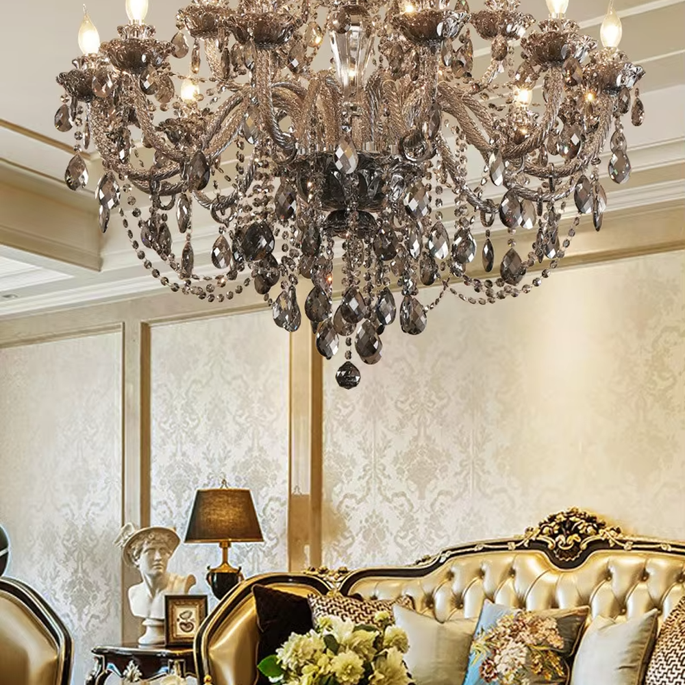 European-style luxury golden crystal chandelier, with amber multi-layer crystal pendants, off-white fabric lampshades and gold carved metal frames, providing warm and brilliant light, designed to enhance the luxurious atmosphere of spaces, suitable for high-end scenarios such as villa living rooms, hotel lobbies, and banquet halls