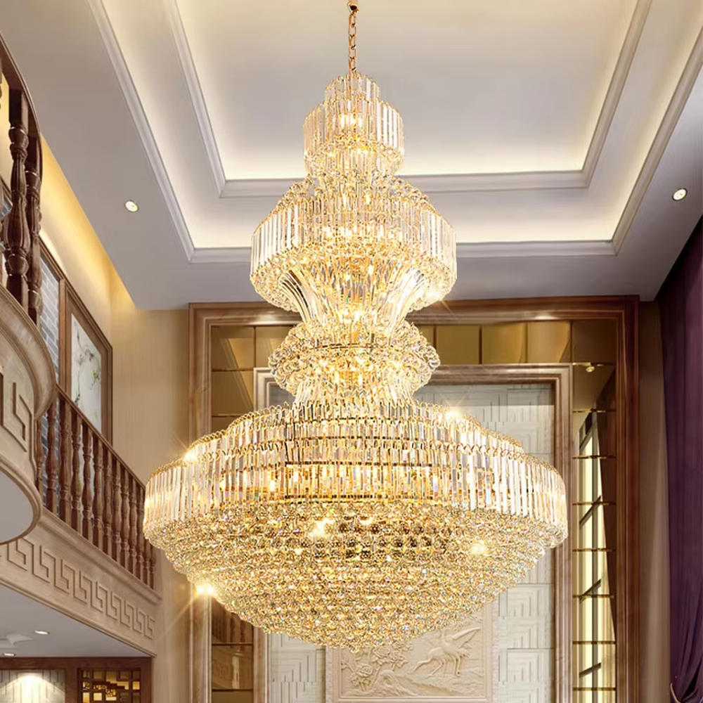 Multi-tiered golden crystal chandelier, with cascading crystal pendants and a gold metal frame, providing brilliant and luxurious light, designed to create a high-end and grand space atmosphere, suitable for engineering scenarios such as hotel lobbies, high-ceiling villa living rooms, and large banquet halls