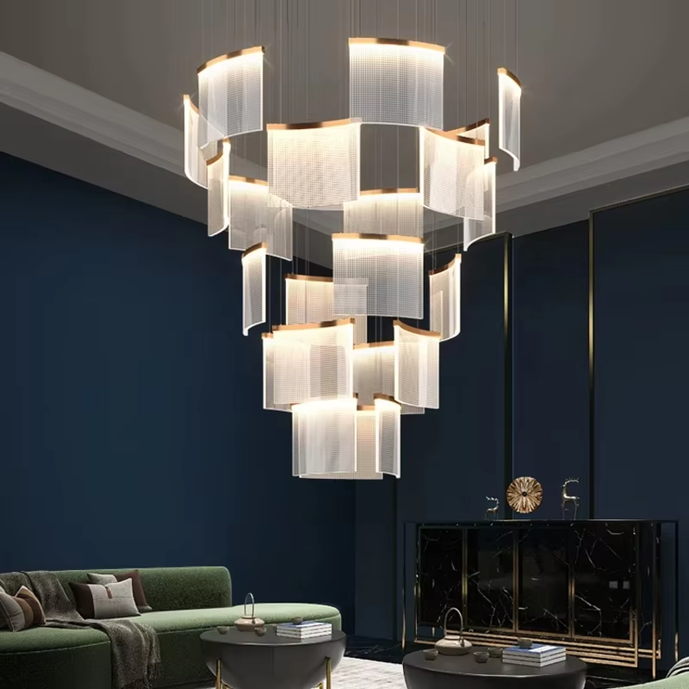 Modern light luxury multi-layer staggered rectangular cascading chandelier, with gold metal frames paired with semi-transparent textured lampshades, in a stacked floating shape, emitting soft and even light, combining artistic decorativeness and lighting function, suitable for core lighting and atmosphere creation in high-ceiling spaces such as duplex stairs, high-ceiling living rooms, and high-end clubs.