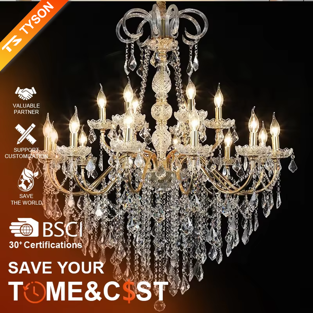European-style luxury crystal chandelier, with a silver chrome-plated metal frame and multi-layer crystal pendants, featuring a candle-style lamp head design, brilliant and gorgeous light, designed to enhance the luxurious atmosphere of spaces, suitable for high-end scenarios such as villa living rooms, hotel lobbies, and banquet halls