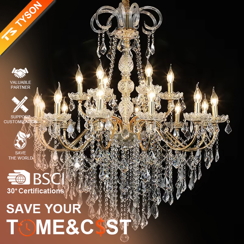 European-style luxury crystal chandelier, with a gold metal frame and multi-layer crystal pendants, featuring a candle-style lamp head design, brilliant and gorgeous light, designed to enhance the luxurious atmosphere of spaces, suitable for high-end scenarios such as villa living rooms, hotel lobbies, and banquet halls