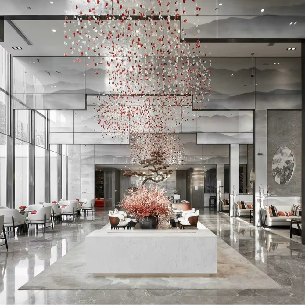 Art pink crystal cluster chandelier (hanging crystals + warm light), warm light effect, creating a romantic and brilliant atmosphere for high-end public spaces.