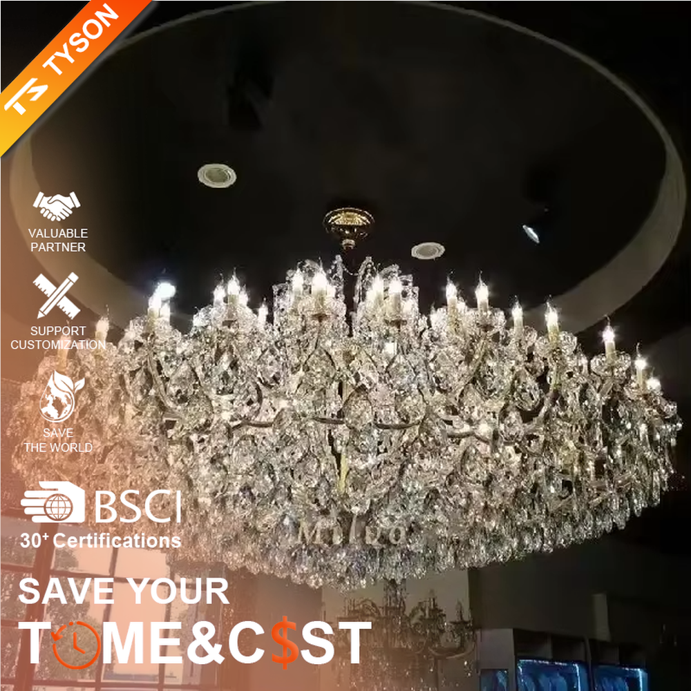 Oversized luxury crystal chandelier, with multi-layer dense transparent crystal pendants and gold metal frames, featuring candle-style lamp heads, brilliant and dazzling light, designed to create an extremely luxurious space atmosphere, suitable for high-end engineering scenarios such as hotel lobbies, large banquet halls, and high-ceiling living rooms of luxury villas